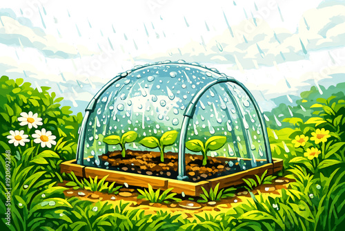 Plants grow in a greenhouse while rain falls in a garden during springtime