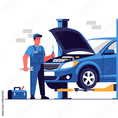 Auto Mechanic Working on Blue Car Engine on Lift in Workshop
