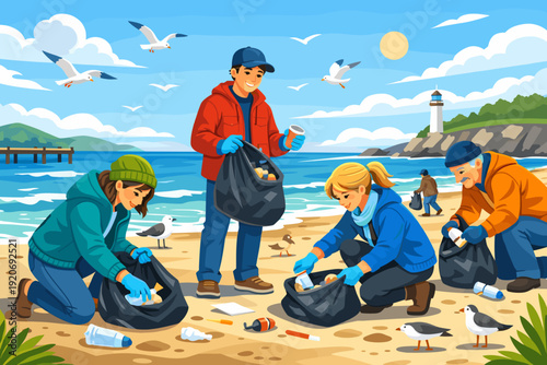 Group cleans beach to remove trash and improve environment by collecting waste in bags during sunny day near lighthouse