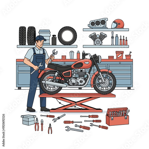 Motorcycle Mechanic Working on Bike Lift in Workshop with Tools and Parts