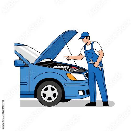 Mechanic Inspecting Blue Car Engine Under Open Hood with Wrench