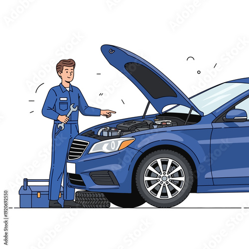 Mechanic Repairing Blue Car Engine with Tools