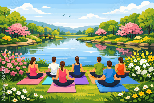 Group of people practicing yoga by the lake in a park during a sunny day with trees and flowers