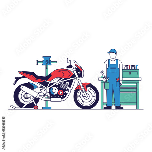 Motorcycle mechanic in uniform working on a red motorbike in a workshop
