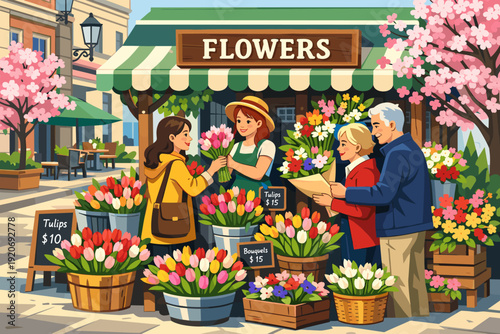 People shop for flowers at a market in spring, surrounded by colorful blooms and trees in a lively city setting