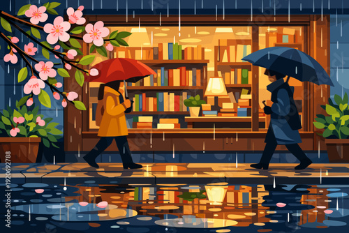 Two people walk past a bookstore in the rain under umbrellas as flowers bloom nearby in spring