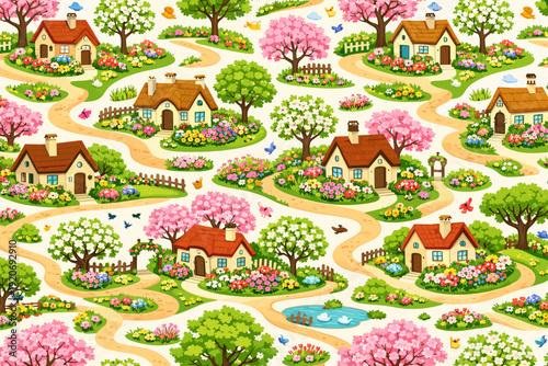 Flowers and houses create a colorful scene in a small town with trees and a pond during bright daytime hours