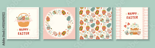 Set of hand drawn Easter greeting cards with decorative eggs, cake, floral elements in folk style Chalk texture illustration in soft pastel palette, perfect for holiday stationery, invitations, prints