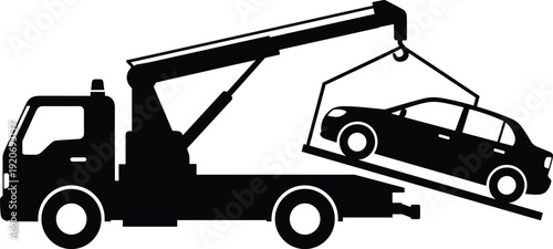 Tow truck silhouette illustration vector lifting car with hook and cable system, roadside assistance vehicle graphics, automotive service design concept, black and white creative art collection