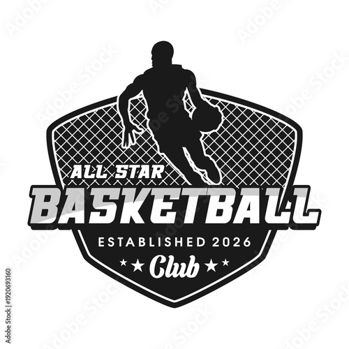 All Star Basketball Club Emblem with Player Silhouette Black white Vector Design 