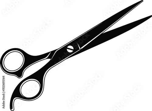 Hair cutting scissors silhouette illustration vector with sharp blades and finger rest, barber hairstylist grooming tool graphics, black and white creative art collection