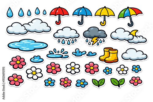 Colorful rain icons show umbrellas, clouds, raindrops, flowers, and boots in a bright and lively display for weather-themed activities
