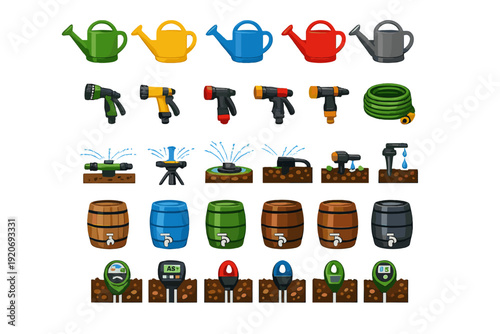 Different types of garden watering tools and equipment for irrigation and gardening plans shown together in a neat layout