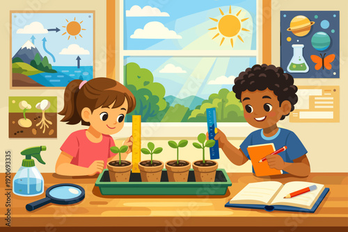 Kids learn about plant growth in classroom with science projects and observations during sunny day