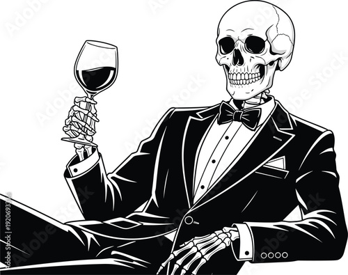 Skeleton tuxedo silhouette illustration vector reclining with wine glass, elegant mortality satire graphics, conceptual design concept, black and white creative art collection