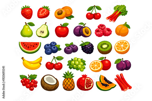 Variety of fruits arranged in a colorful pattern on a white background showing different types of fruits from around the world