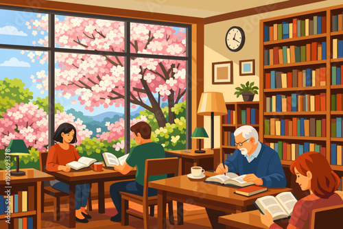 People read books in a library with large windows showing blooming flowers during the day