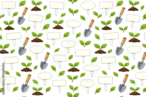 Gardening tools and plant elements arranged in a repeating pattern for garden design