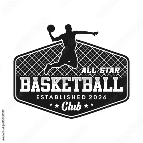 All Star Basketball Club Emblem with Player Silhouette Black white Vector Design 