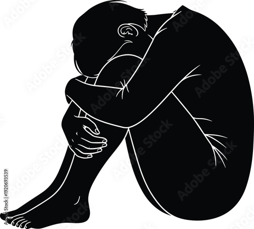 Seated person silhouette illustration vector with knees drawn and head bowed, solitude contemplation emotional graphics, conceptual design, black and white creative art collection