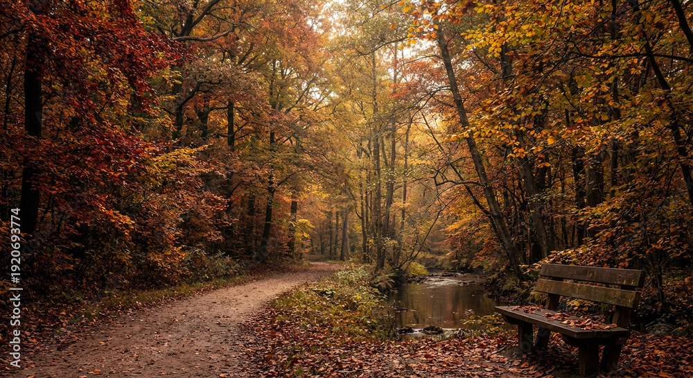 Naklejka premium Autumn Forest Path Fall Colors Stream Wooden Bridge Nature Landscape Scenic 