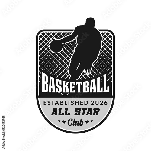 All Star Basketball Club Emblem with Player Silhouette Black white Vector Design 