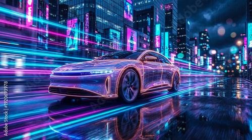 Futuristic Electric Car Neon City Night Speed Motion 3D Render Transport Concept
