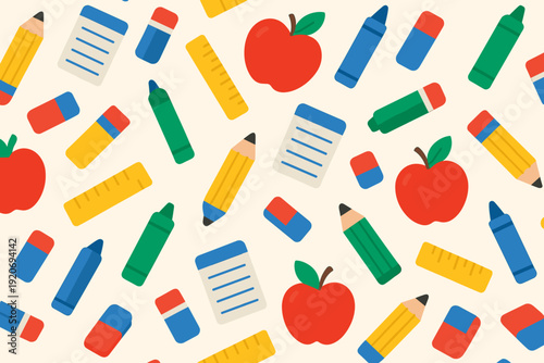 Colorful school supplies and apples scattered on a light background depicting a classroom theme for learning activities
