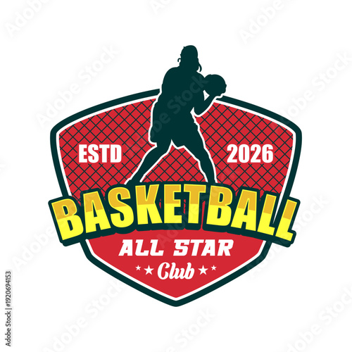 All Star Basketball Club Emblem with Player Silhouette Vector Design