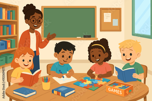 Children learn and play together in a classroom setting with toys, books, and puzzles during school hours
