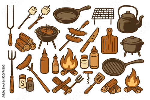Cooking tools and ingredients laid out for a barbecue at a campsite during summer