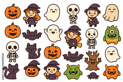 Halloween characters gather with pumpkins, ghosts, bats, and witches during a festive celebration