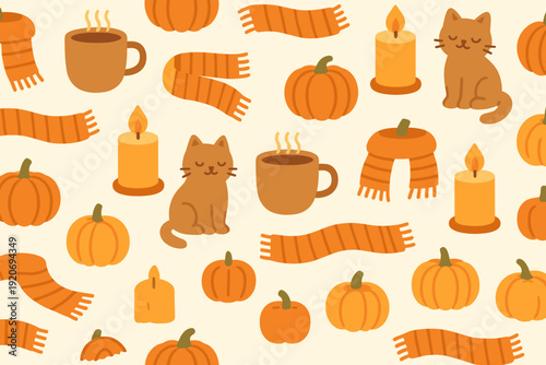 Cozy autumn scene with pumpkins, candles, scarves, and a cat on a light background featuring warm colors and seasonal symbols