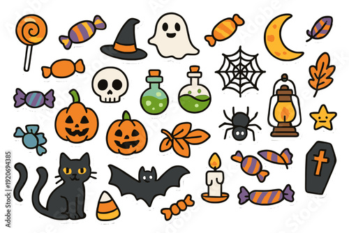 Colorful Halloween stickers showing pumpkins, ghosts, bats, and candies for decoration and fun activities during the Halloween season