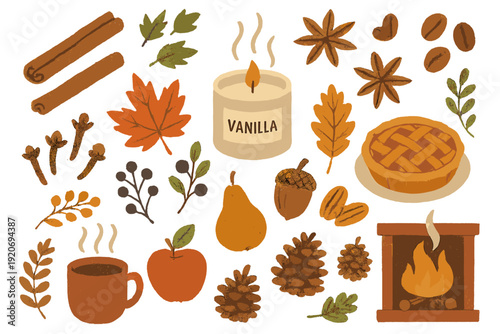 Autumn decor with spices, fruits, and a candle placed near a fireplace for cozy vibes during fall nights