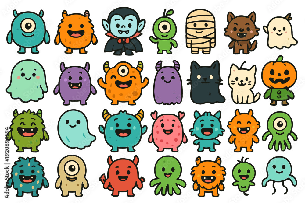 Fototapeta premium Colorful cartoon monsters and Halloween characters in a playful group design for kids