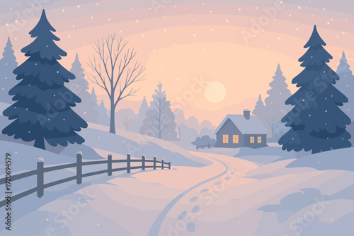 Snowy landscape with a house and trees during dusk in winter with fallen snow on the ground and a path leading toward the house