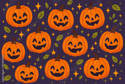 Happy pumpkins fill the background with smiles and leaves during the fall season celebrating Halloween festivities