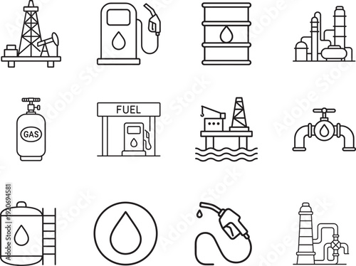 Oil and gas thin line icon set for web and app UI. Clean outline energy symbols. Editable vector EPS.