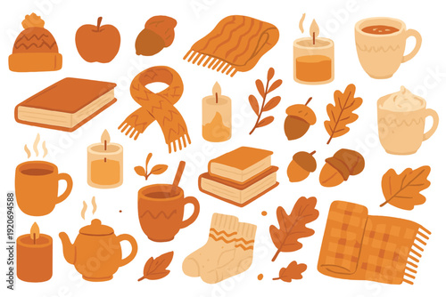 Fall items arranged on white background with warm colors and cozy themes for autumn season activities and celebrations
