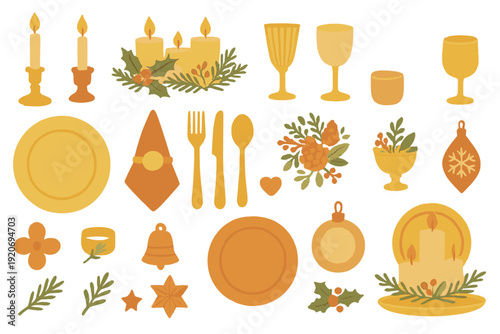 Decorative dining items for a festive gathering in winter including candles, plates, and glassware