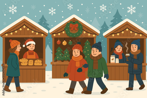 People walk by market stalls during a winter day with snowflakes falling and decorations in a festive setting