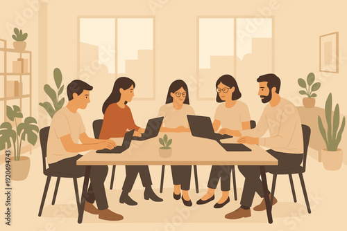 Five people work together in a bright room with plants and computers during a project meeting in the afternoon