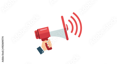 A human hand holds a red and white megaphone, broadcasting sound waves for an announcement.
