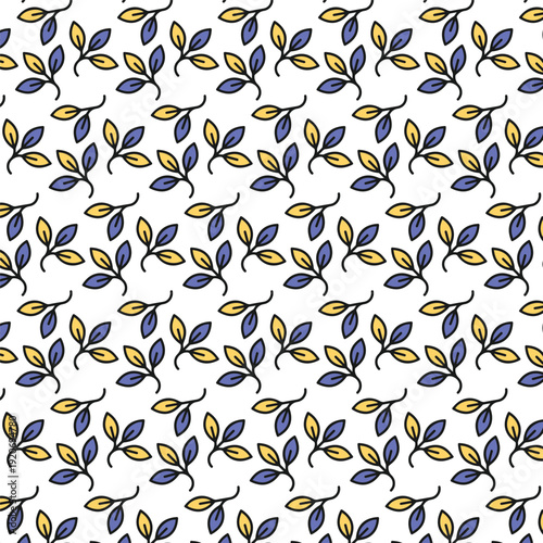 Seamless Leaf Pattern with Blue and Yellow Botanical Branches