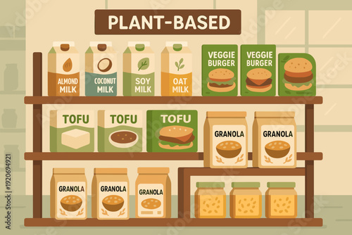 Store shelf displays plant-based food items including milk alternatives, tofu, veggie burgers, and granola packs in a market setting