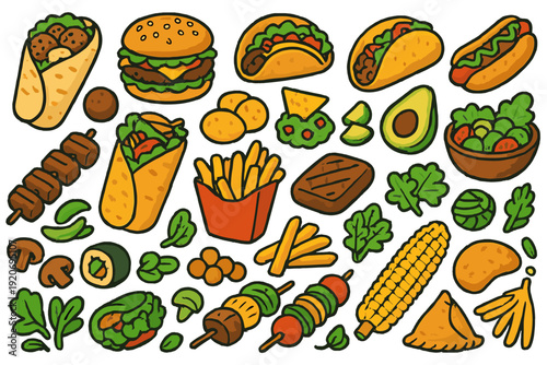 Food items on a table, including burgers, tacos, salads, and snacks during a lunch gathering in a casual setting with friends