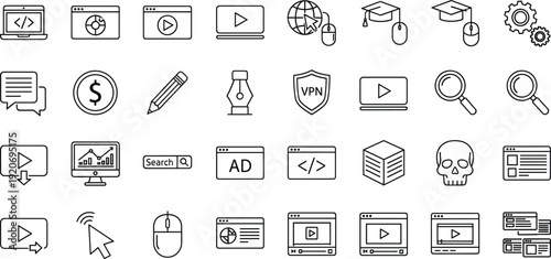 Digital Technology Line Icons Set Featuring Web Development Online Learning Media Player Security VPN And Internet Marketing Symbols Vector Collection For Modern Design