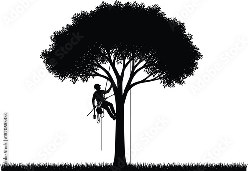 Black silhouette tree climbing illustration with ropes harness and safety gear vector design perfect for outdoor adventure arborist posters logos and digital art