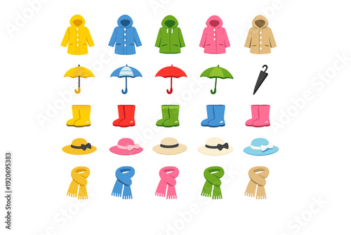 Colorful rain gear and accessories are arranged neatly on a white background for easy viewing and selection during wet weather